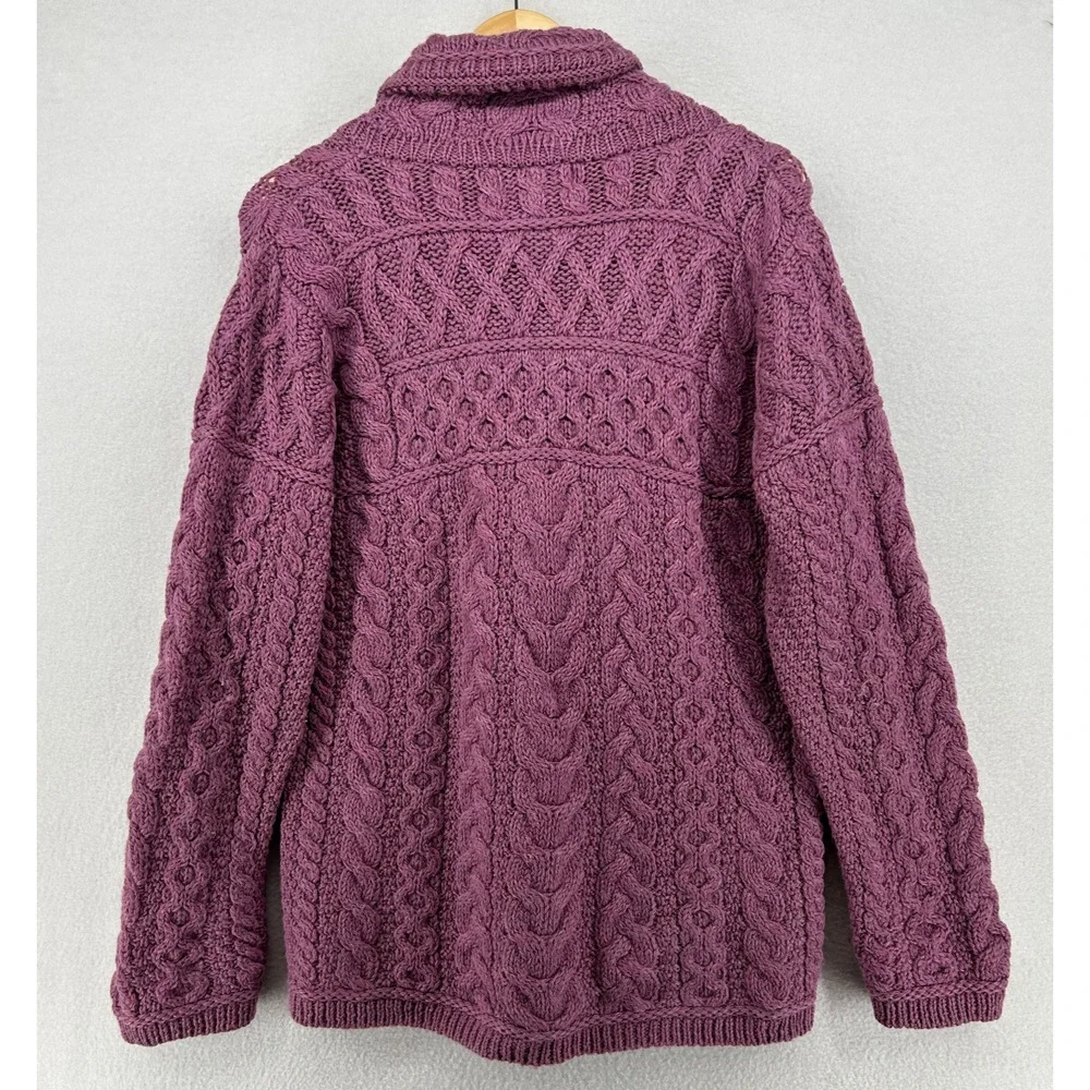 ARAN CRAFTS Sweater Womens S Merino Wool Fisherman Cardigan Zip Up Purple